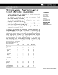 05/06/2016 EEUU: Nómina no agrícola  Reporte mixto, pero el mercado laboral sigue recuperándose.