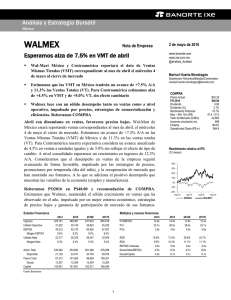 05/02/2016 WALMEX: Esperamos alza de 7.5% en VMT de abril.