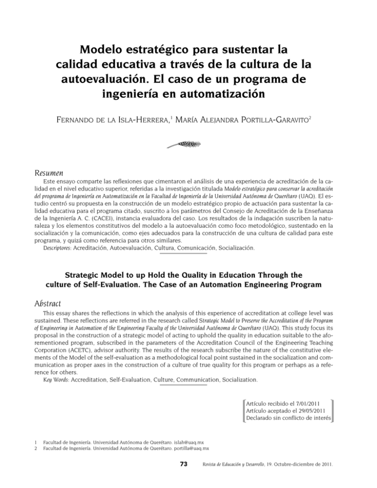 Modelo Estrat Gico Para Sustentar La Calidad Educativa A Trav S De La