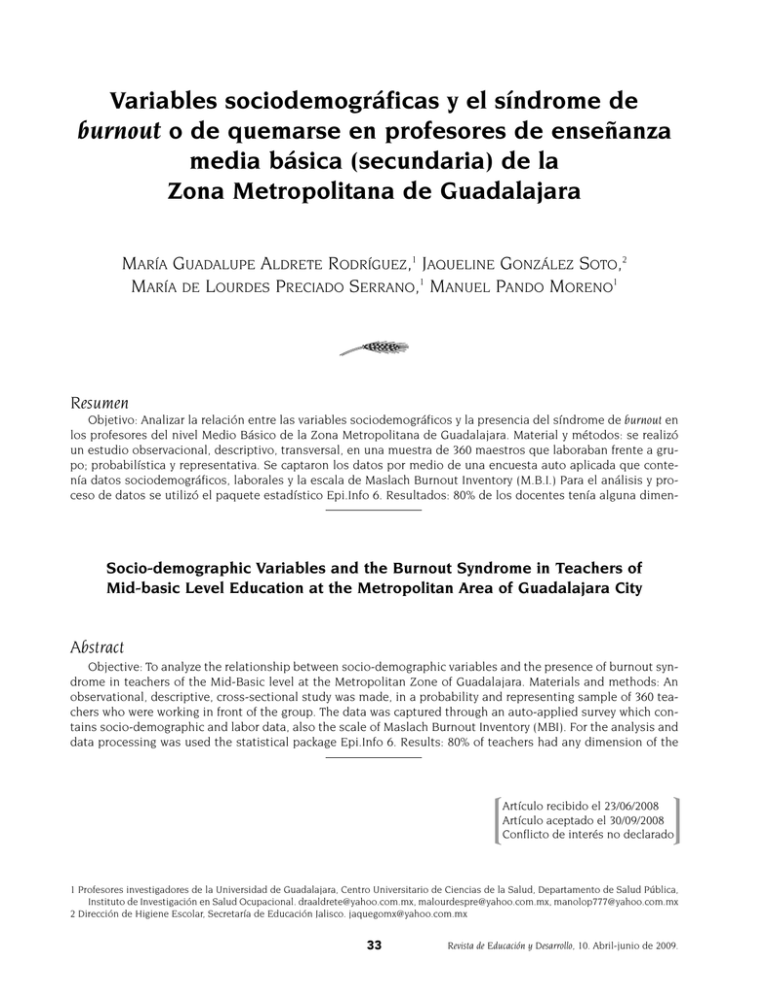 Variables Sociodemogr Ficas Y El S Ndrome De Burnout O De Quemarse En ...