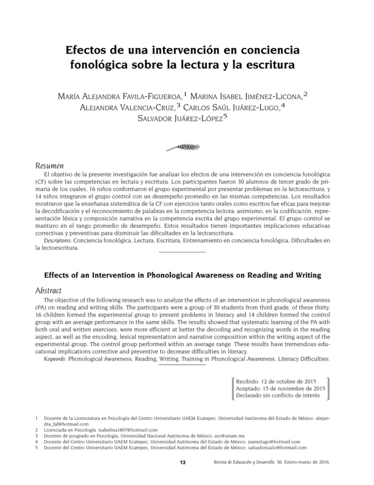 Efectos De Una Intervenci N En Conciencia Fonol Gica Sobre La Lectura Y ...