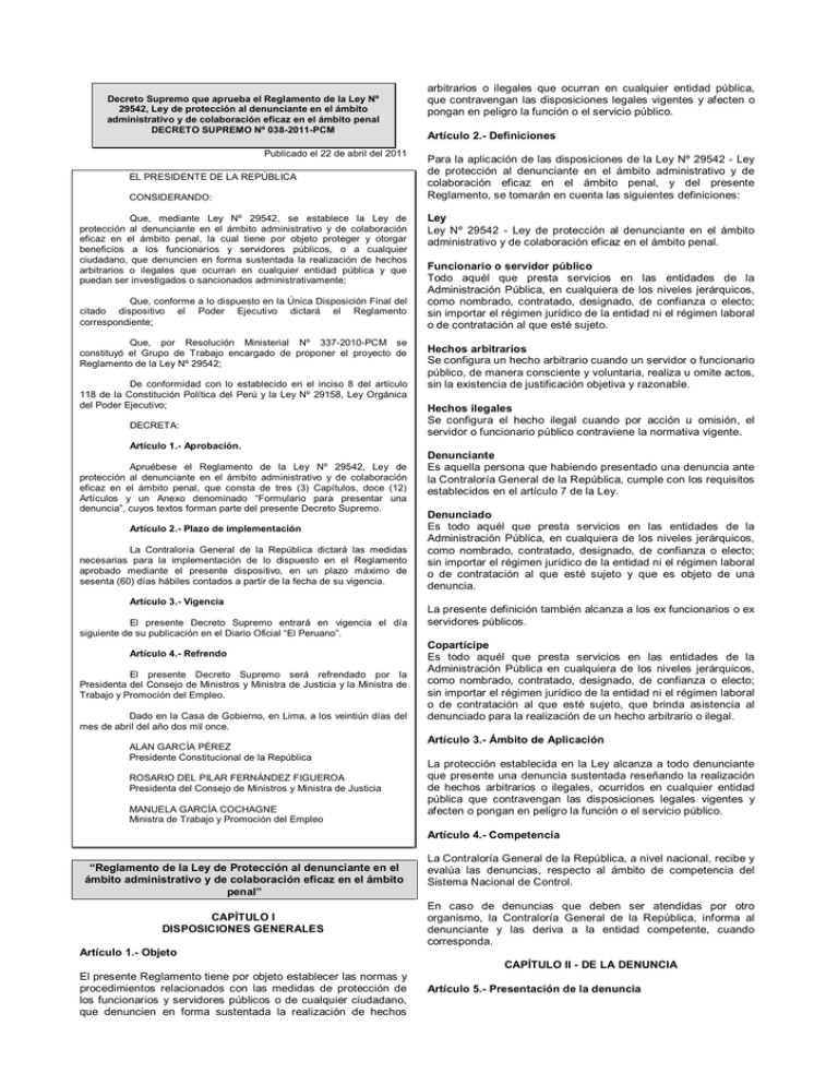 Reglamento de la Ley de Protección al Denunciante en el Ámbito Administrativo y de Colaboración