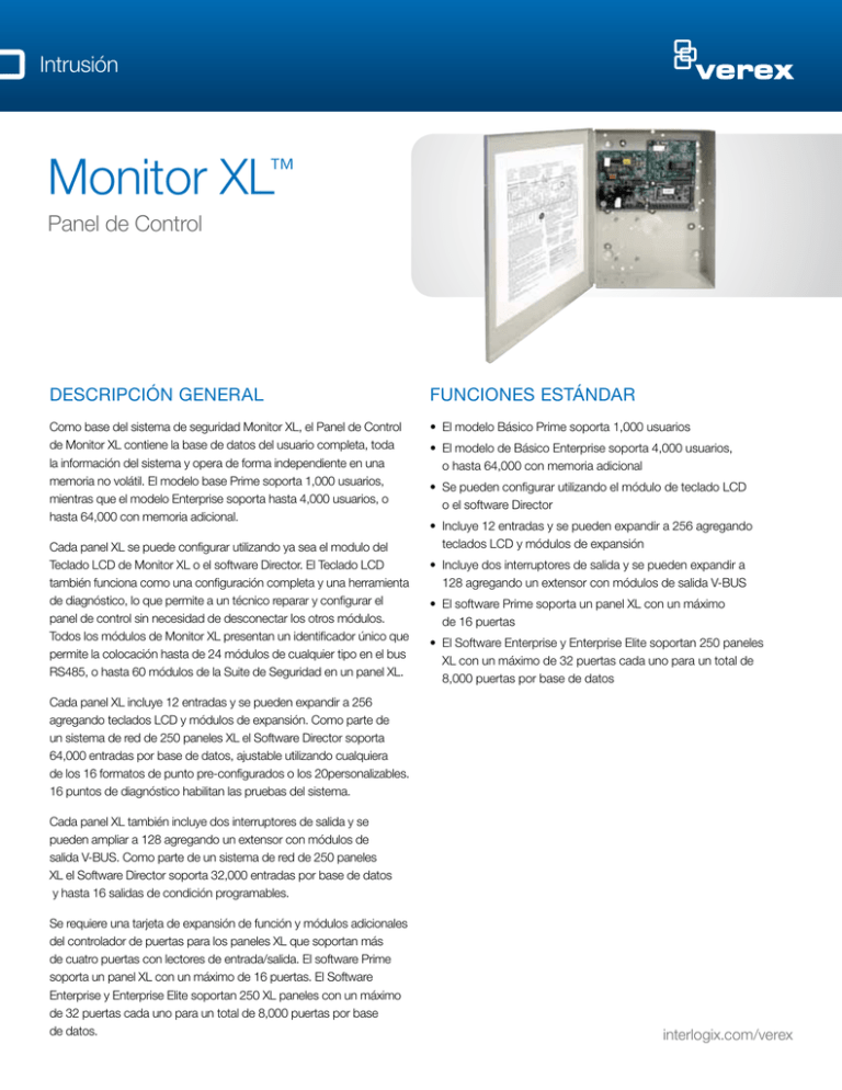 Monitor XL Control Panel Data Sheet (Spanish)