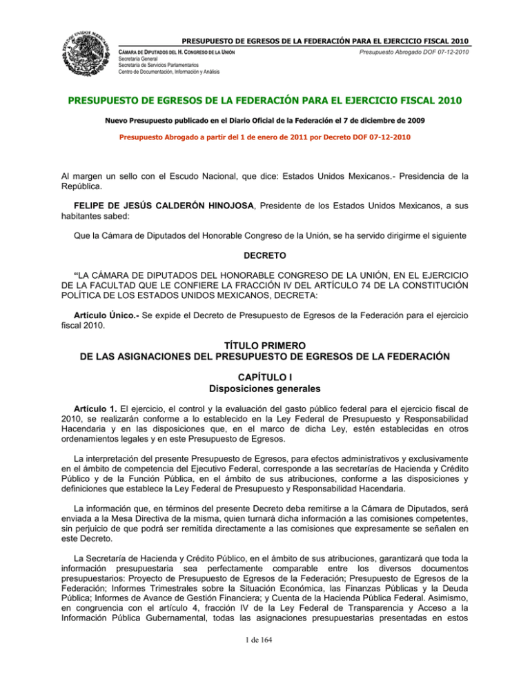 Presupuesto de Egresos de la Federación para el Ejercicio Fiscal 2010