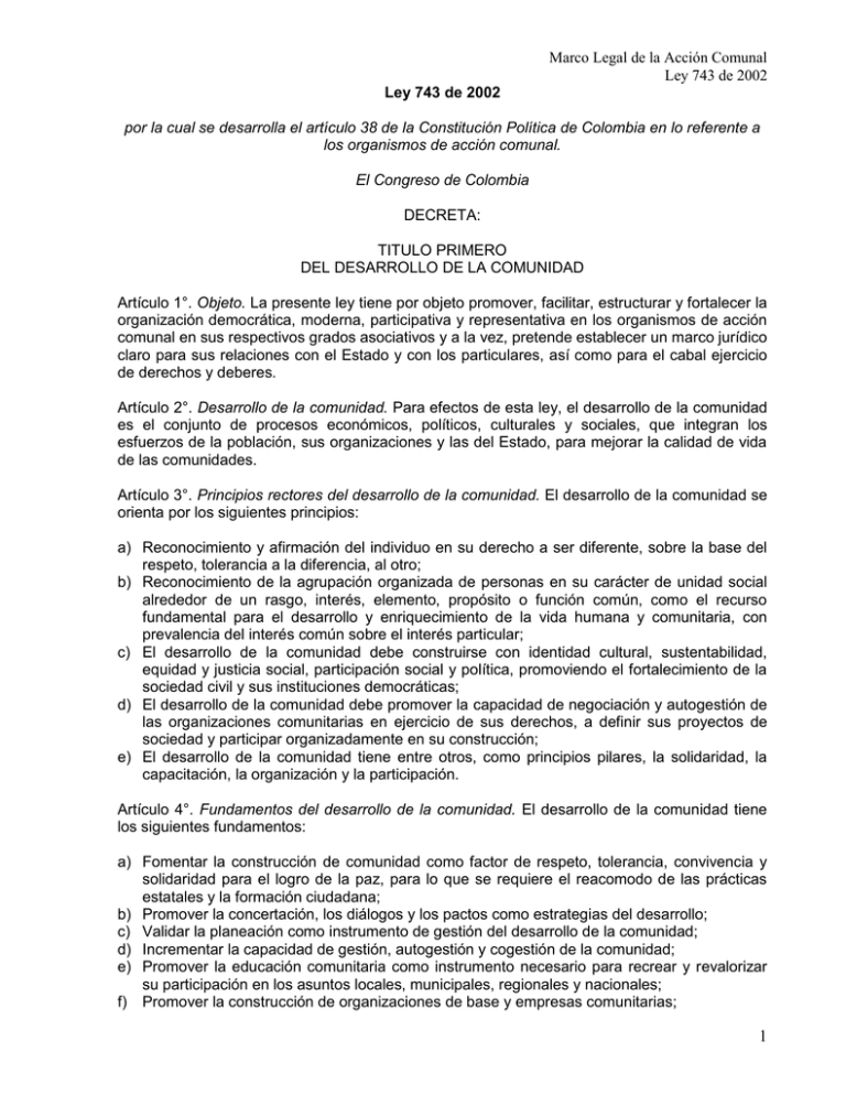 Marco Legal De La Acción Comunal Ley 743 De 2002