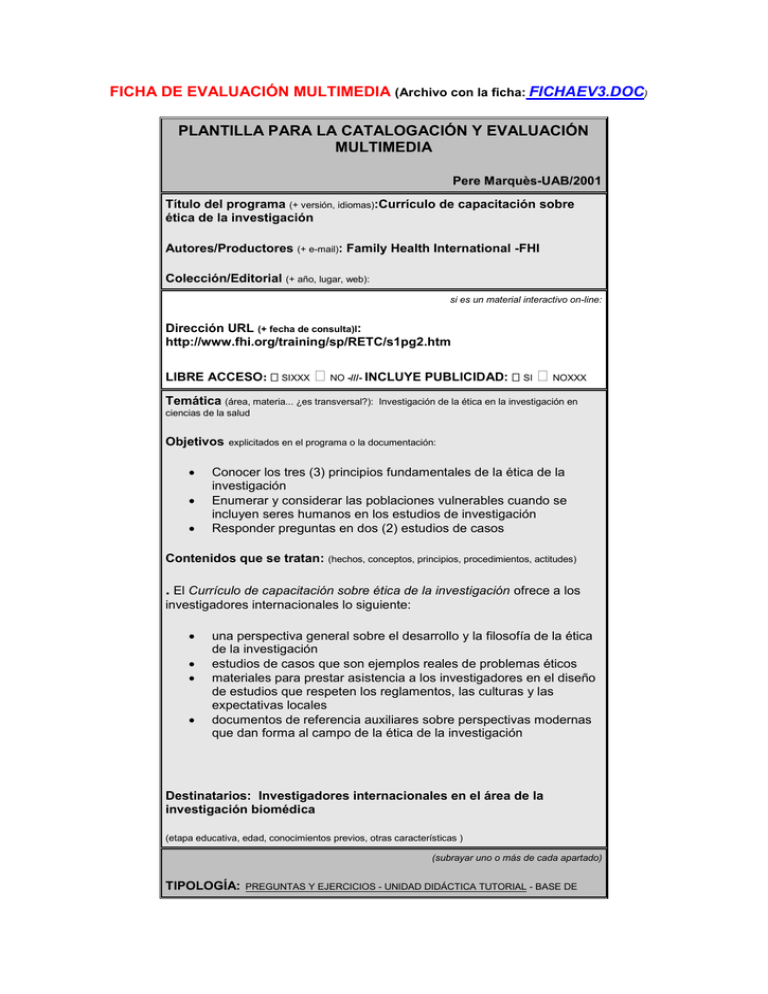 FICHA DE EVALUACI N MULTIMEDIA Curso Etica Investigaci N Fhi