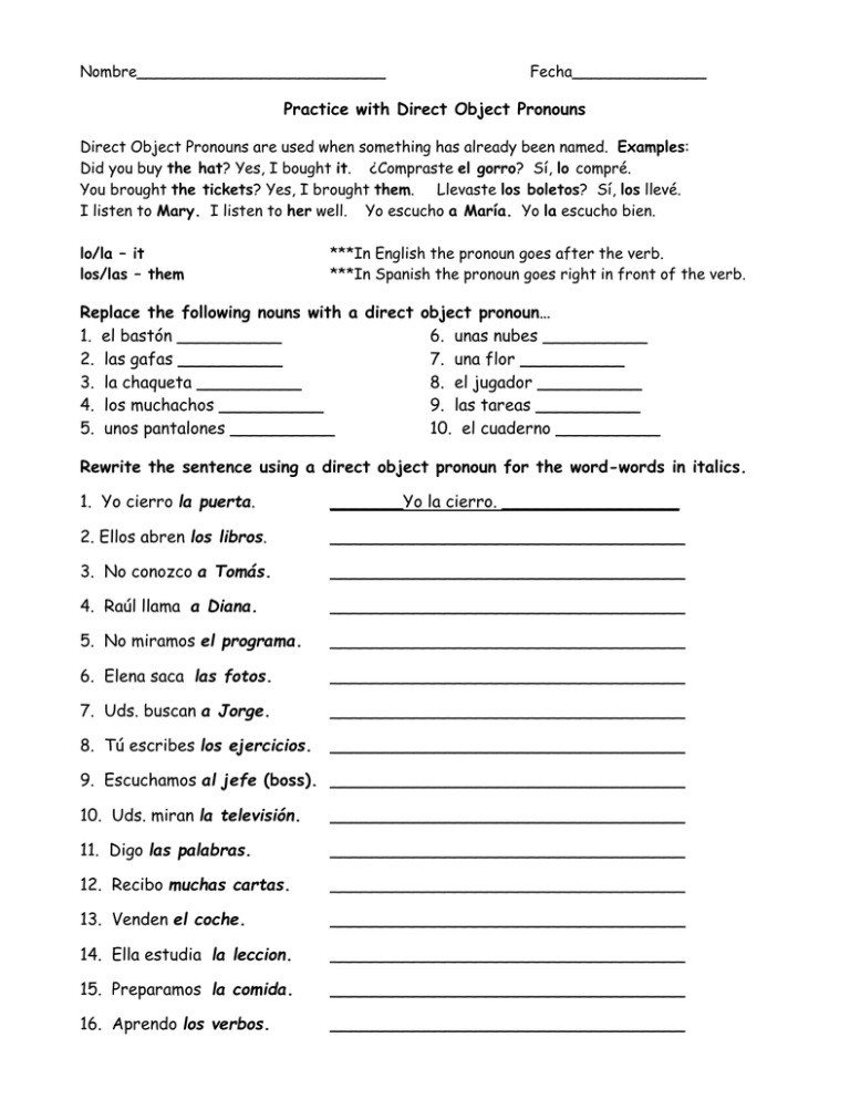 Direct Object Pronoun Practice