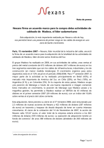Nexans firma un acuerdo marco para la compra delas actividades de cableado de Madeco, el líder sudamericano(47.0kb)
