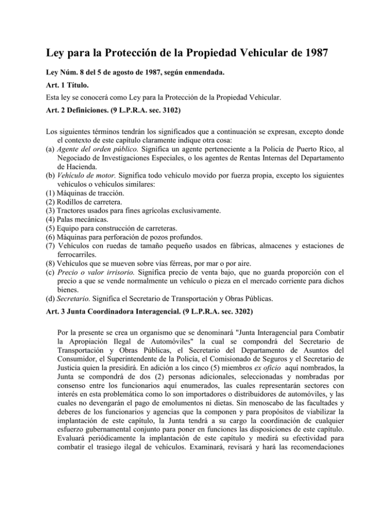 Ley 8 Ley Para La Proteccin De La Propiedad Vehicular De 19