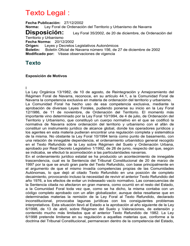 Ley Foral 35/2002, De 20 De Diciembre, De Ordenación Del Territorio Y ...