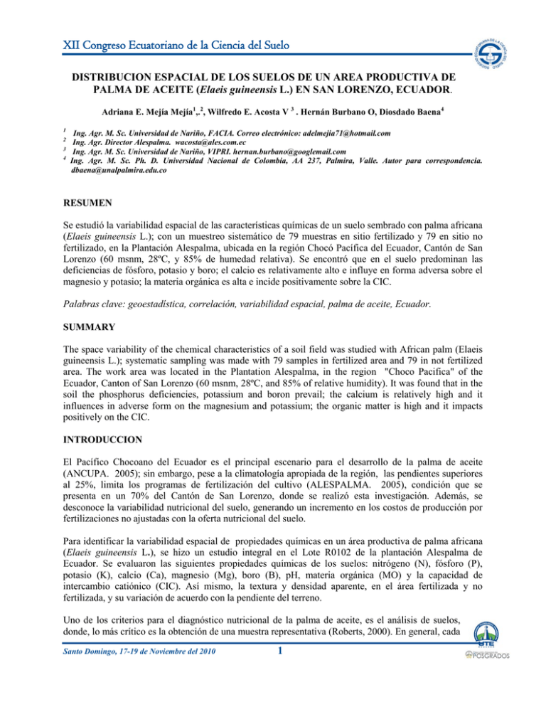 DISTRIBUCIÓN ESPACIAL DE LOS SUELOS DE UN ÁREA PRODUCTIVA DE PALMA DE ...