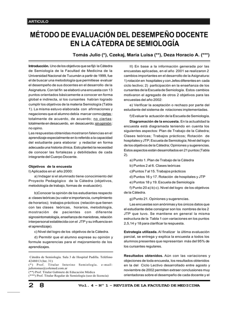 M Todo De Evaluaci N Del Desempe O Docente En La C Tedra De Semiolog A