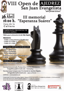 Cartel y reglamento del VIII Open de ajedrez de San Juan http://www.sonseca.es/clubajedrezsonseca/SANJUAN_2015_04_26_CARTEL.pdf
