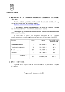 Informaci n estad stica de los distintos procedimientos de contrataci n seguidos por el Parlamento de Navarra en el a o 2013.