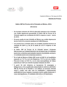   Boletín de Prensa: Índice SHF de Precios de la Vivienda 1T2016 