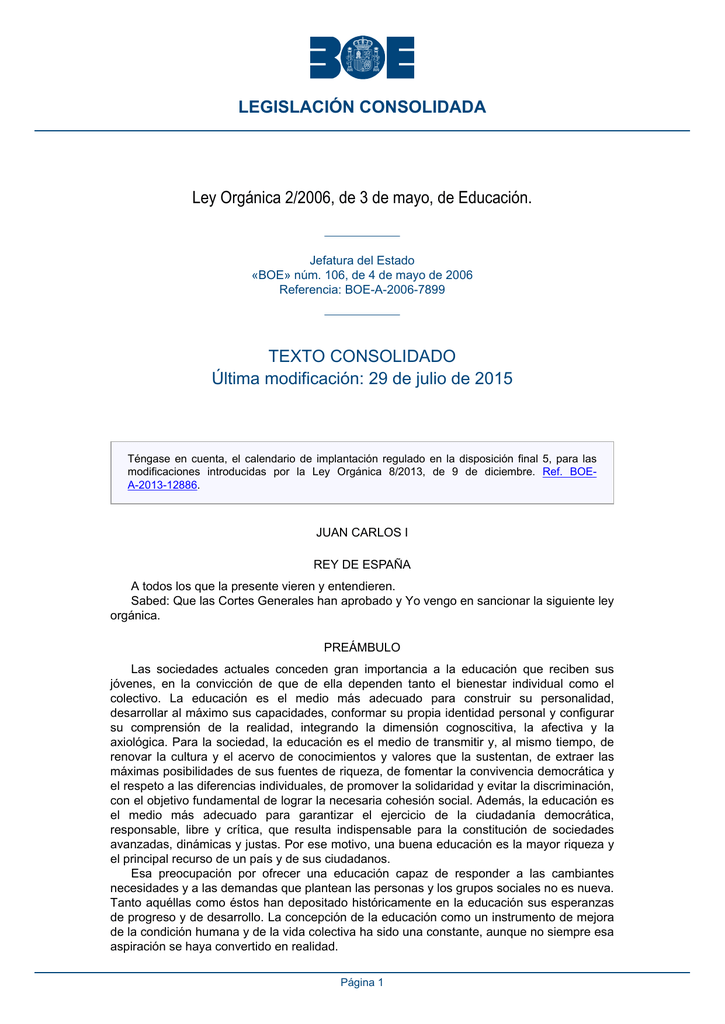Ley Orgánica 2/2006, De 3 De Mayo, De Educación. TEXTO CONSOLIDADO