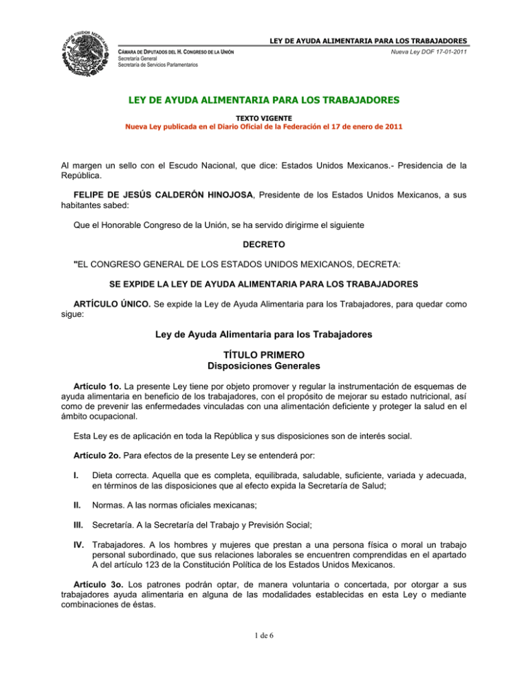 LEY DE AYUDA ALIMENTARIA PARA LOS TRABAJADORES