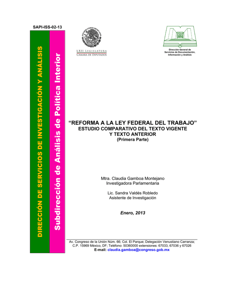  REFORMA A LA LEY FEDERAL DEL TRABAJO ESTUDIO COMPARATIVO DEL TEXTO 