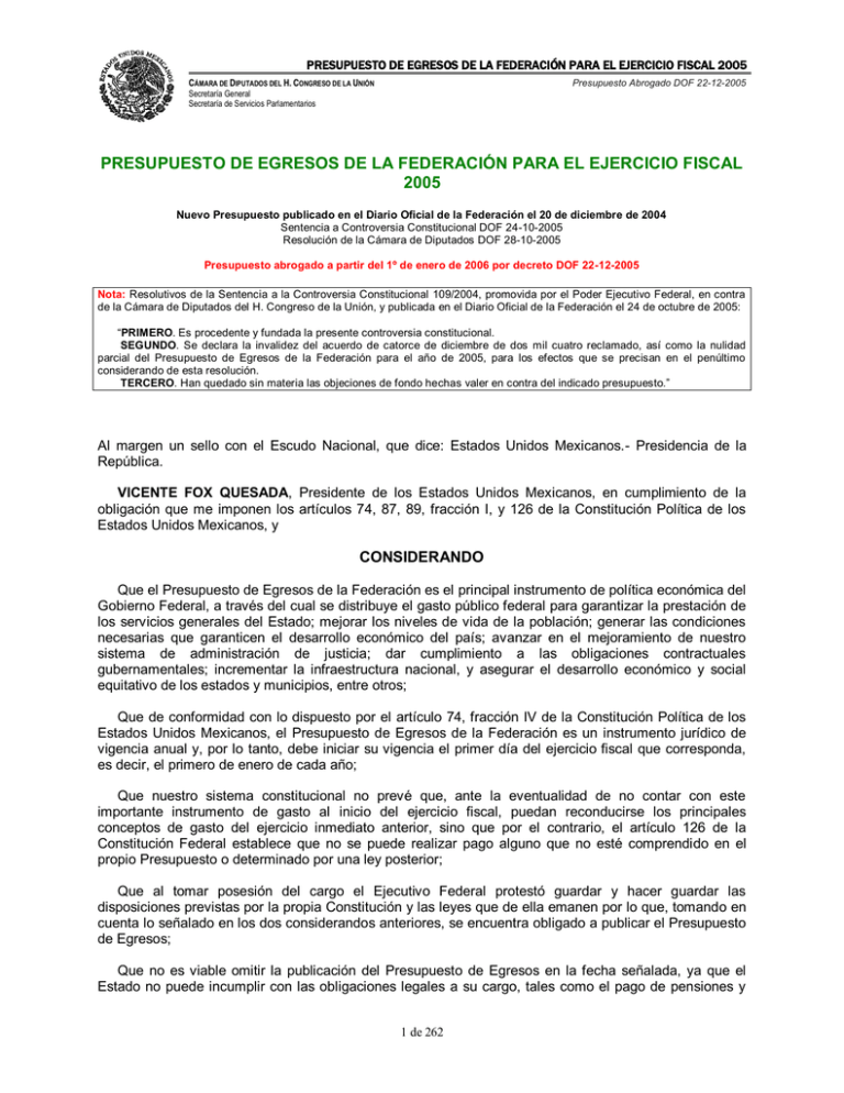 PRESUPUESTO DE EGRESOS DE LA FEDERACIÓN PARA EL EJERCICIO FISCAL 2005
