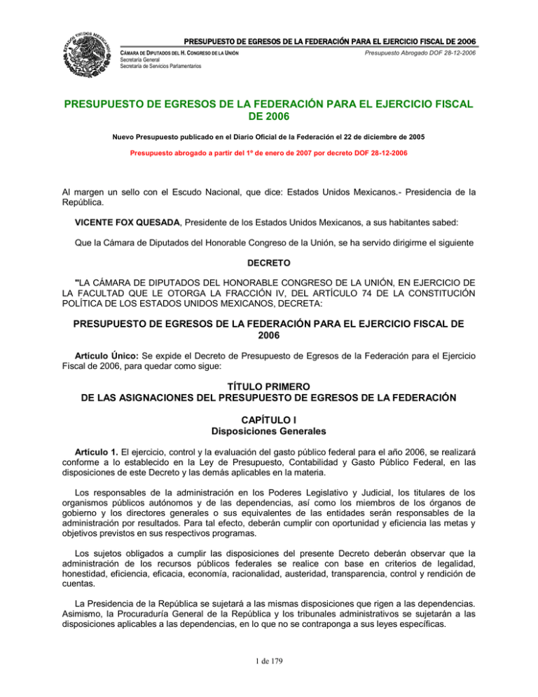 PRESUPUESTO DE EGRESOS DE LA FEDERACIÓN PARA EL EJERCICIO FISCAL