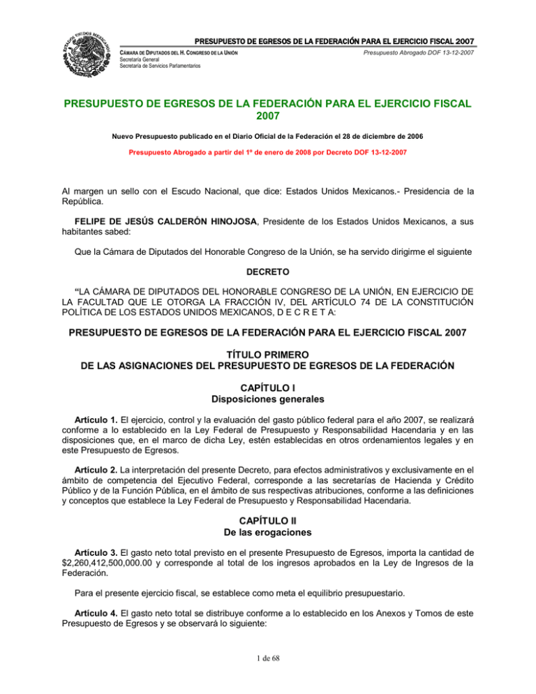 PRESUPUESTO DE EGRESOS DE LA FEDERACIÓN PARA EL EJERCICIO FISCAL 2007