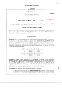 RESOLUCION N. 42 DEL 9 DE NOVIEMBRE DEL 2015 CON RADICADO EXTMI15-0049987 PARA EL PROYECTO: TRAMITE DE LICENCIAMIENTO AMBIENTAL ANTE LA AUTORIDAD NACIONAL DE LICENCIAS AMBIENTALES ANLA PARA LA CONSTRUCCION DE LA DOBLE CALZADA BOQUERON (TRAMO2) COELLO COCORA TRAMO3