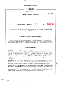 RESOLUCION N. 40 DEL 8 DE OCTUBRE DEL 2015 CON RADICADO EXTMI15-0043063 PARA EL PROYECTO: TITULO MINERO LEQ-15161