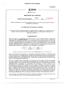 CERTIFICACI&Oacute;N 621 DEL 15 DE JUNIO DEL 2016 CON RADICADO EXTMI16-0024441 PARA EL PROYECTO: OBTENCION DE UN EXTRATO DE CELULAS DE BOROJO Y EVALUACION DE SUS METABOLITOS