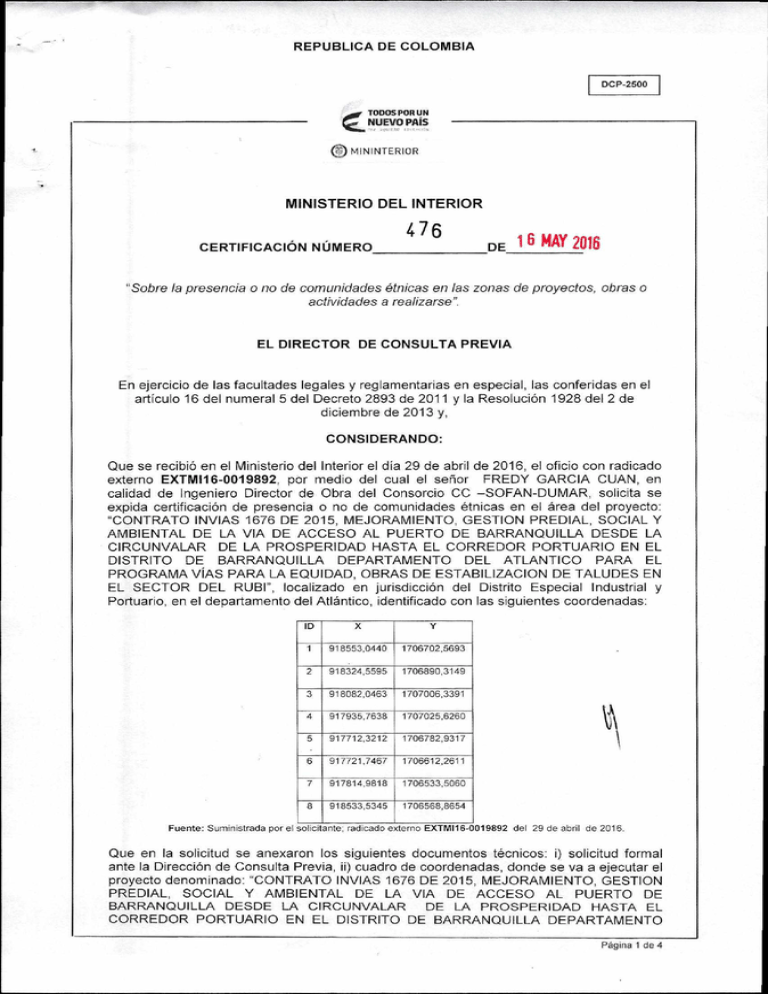 CertificaciÓn 476 Del 16 De Mayo Del 2016 Con Radicado Extmi16 0019892 Para El Proyecto 9182