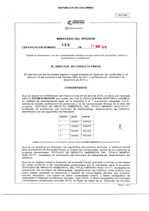 CERTIFICACIÓN 489 DEL 17 DE MAYO DEL 2016 CON RADICADO EXTMI16-0019709 PARA EL PROYECTO: ESTUDIO DE IMPACTO AMBIENTAL DEL TITULO MINERO NHD-16171