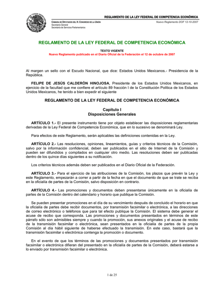 REGLAMENTO DE LA LEY FEDERAL DE COMPETENCIA ECONÓMICA