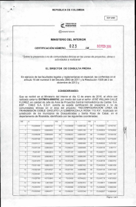 CERTIFICACIÓN 23 DEL 2 DE FEBRERO DEL 2016 CON RADICADO EXTMI16-0000762 PARA EL PROYECTO: RECONFIGURACION LINEA DE TRANSMISION DOBLE CIRCUITO LA ESMERALDA- LA ROSA 115 KV