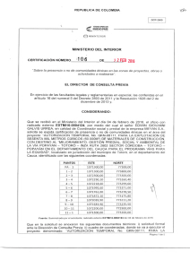 CERTIFICACIÓN 106 DEL 22 DE FEBRERO DEL 2016 CON RADICADO EXTMI16-0004124 PARA EL PROYECTO: AUTORIZACION TEMPORAL NO. QKN-08111 PARA EXPLOTACION  DE MATERIALES DE CONSTRUCCION CON DESTINO AL MEJORAMIENTO GESTION PREDIAL SOCIAL Y AMBIENTAL DE LA VIA POPAYAN-TOTORO-INZA RUTA 2602 SECTOR CORDOBA -TOTORO-POPAYAN EN EL DEPARTAMENTO DEL CAUCA PARA EL PROGRAMA VIAS PARA LA EQUIDAD