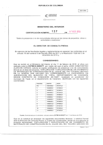 CERTIFICACIÓN 137 DEL 1 DE MARZO DEL 2016 CON RADICADO EXTMI16-0005277 PARA EL PROYECTO: EXPLORACION Y EXPLOTACION DE UN YACIMIENTO DE MATERIALES DE CONSTRUCCION EN EL CAUCE DEL RIO TOCARIA CONCESION JI8-16581