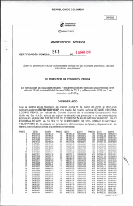 CERTIFICACI&Oacute;N 263 DEL 28 DE MARZO DEL 2016 CON RADICADO EXTMI16-0010267 PARA EL PROYECTO: PROYECTO DE CONCESION 4G RUMICHACA-PASTO BAJO ESQUEMA DE APP UNIDAD FUNCIONAL 1 SUBTRAMO 3