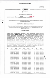 CERTIFICACI&Oacute;N 265 DEL 28 DE MARZO DEL 2016 CON RADICADO EXTMI16-0011018 PARA EL PROYECTO: CONSTRUCCION D ELA DOBLE CALZADA ENTRE EL K0+000 AL K7+000 INTERSECCIONES EN LOS SECTORES TRES PUERTAS Y LA MANUELA INCLUYENDO LOS SITIOS DE DISPOSICION FINAL DE MATERIALES DE LOS PREDIOS FINCA LA FINARIA Y FINCA GUADALAJARA, LA PLANTA DE PRODUCCION D EMATERIALES DE CONSTRUCCION CMOP EN EL K2+900 Y LA FUENTE DE MATERIALES DE ARRASTRE SOBRE EL RIO CHINCHINA A AL ALTURA DEL K1+700 AL K2+700 DE LA UNIDAD FUNCIONAL 3 TRAMO 3,2 TRES PUERTAS LA MANUELA