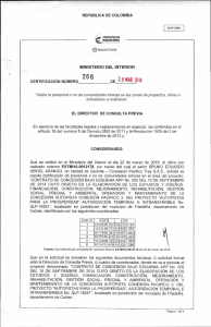CERTIFICACI&Oacute;N 266 DEL 28 DE MARZO DEL 2016 CON RADICADO EXTMI16-0012178 PARA EL PROYECTO: CONTRATO DE&nbsp; CONCESION BAJO ESQUEMA APP NOP. 005 DEL CUYO OBJETO ES LA ELABORACION DE LOS ESTUDIOS Y DISE&Ntilde;OS FINANCIACION, CONSTRUCCION, MEJORAMIENTO, REHABILITACION, GESTION, SOCIAL, PREDIAL Y AMBIENTAL OPERACI&Oacute;N Y MANTENIMIENTO DE LA CONCESION AUTOPISTA CONEXION PACIFICO TRES, DEL PROYECTO AUTOPISTAS PARA LA PROSPERIDAD-AUTORIZACION TEMPORAL E INTRANSFERIBLE NO. QLF-16251