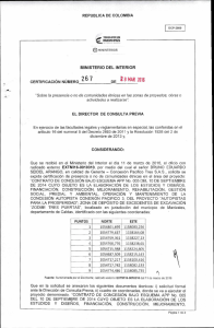 CERTIFICACI&Oacute;N 267 DEL 28 DE MARZO DEL 2016 CON RADICADO EXTMI16-0010310 PARA EL PROYECTO: CONTRATO DE&nbsp; CONCESION BAJO ESQUEMA APP NOP. 005 DEL CUYO OBJETO ES LA ELABORACION DE LOS ESTUDIOS Y DISE&Ntilde;OS FINANCIACION, CONSTRUCCION, MEJORAMIENTO, REHABILITACION, GESTION, SOCIAL, PREDIAL Y AMBIENTAL OPERACI&Oacute;N Y MANTENIMIENTO DE LA CONCESION AUTOPISTA CONEXION PACIFICO TRES, DEL PROYECTO AUTOPISTAS PARA LA PROSPERIDAD-ZONA DE DEPOSITO DE EXCEDENTES DE EXCAVACION ZODME TRES PUERTAS