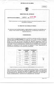 CERTIFICACIÓN 1952 DEL 3 DE DICIEMBRE DEL 2014 CON RADICADO EXTMI14-0054930 PARA EL PROYECTO: ESTUDIO DE IMPACTO AMBIENTAL PARA LA EXTRACCION DE MATERIALES DE ARRASTRE DEL RIO SANAME, MUNICIPIOS DE QUETAME Y FONSECA - CUNDINAMARCA, CONTRATO DE CONCESION No. HJD-09201