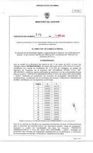 CERTIFICACIÓN 375 DEL 14 DE ABRIL DEL 2015 CON RADICADO EXTMI15-0010831 PARA EL PROYECTO: PROYECTO HIDROELECTRICO A FILO DE DE AGUA RIO GUAYURIBA-GUAY