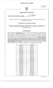 CERTIFICACIÓN 476 DEL 17 DE ABRIL DEL 2015 CON RADICADO EXTMI15-0012010 PARA EL PROYECTO: ESTABLECIMIENTO DE 550 HECTARIA DE PLANTACIONES FORESTALES CON CAUCHO NATURAL (HEVEA BRASILIENSIS) EN LOS PREDIOS ARAUCARIAS, MUNICIPIO SANTA ROSALIA DEPARTAMENTO DE VICHADA