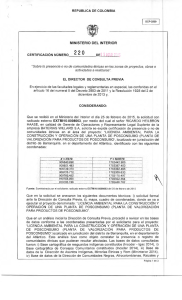 CERTIFICACIÓN 220 DEL 11 DE MARZO DEL 2015 CON RADICADO EXTMI15-0008063 PARA EL PROYECTO: LICENCIA AMBIENTAL PARA LA CONSTRUCCION Y OPERACIÓN DE UNA PLANTA DE POSCONSUMO (PLANTA DE VALORIZACION PARA PRODUCTOS POSCONSUMO)