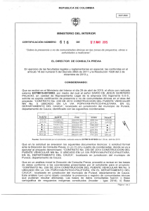CERTIFICACI&Oacute;N 616 DEL 7 DE MAYO DEL 2015 CON RADICADO EXTMI15-0019053 PARA EL PROYECTO: CONTRATO NO. 239 DE 2014 CONSTRUCCION DEL PUENTE VEHICULAR NN NO. 5 UBICADO EN LA VIA POPAYAN-PATICO-PALETERERA