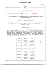 CERTIFICACI&Oacute;N 618 DEL 7 DE MAYO DEL 2015 CON RADICADO EXTMI15-0018677 PARA EL PROYECTO: TERMINACION DE LAS OBRAS DEL DISTRITO DE RIEGO A MEDIANA ESCALA TESALIA-PAICOL