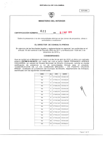 CERTIFICACI&Oacute;N 623 DEL 7 DE MAYO DEL 2015 CON RADICADO EXTMI15-0018279 PARA EL PROYECTO: CONSTRUCCI&Oacute;N DE LA VIA CONEXI&Oacute;N BRICE&Ntilde;O VIA PUERTO VALDIVIA PRESA