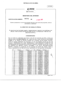 CERTIFICACI&Oacute;N 1606 DEL 18 DE NOVIEMBRE DEL 2015 CON RADICADO EXTMI15-0057812 PARA EL PROYECTO: DIVERSIDAD DE AVES MAMIFEROS Y EXPLORACION FLORISTICA DE LOS BOSQUES NATURALES EN EL NUCLEO FORESTAL DARIEN VALLE DEL CAUCA EN PREDIOS DE SMURFIT KAPPA COLOMBIA Y SU FILIAL REFORESTADORA ANDINA