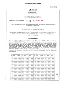 CERTIFICACIÓN 1449 DEL 20 DE OCTUBRE DEL 2015 CON RADICADO EXTMI15-0033257 PARA EL PROYECTO: ASOCIACIÓN PÚBLICO PRIVADA DE INICIATIVA PRIVADA CONCESIÓN AUTOPISTAS DEL CARIBE UNIDAD FUNCIONAL 5 VARIANTE LURUACO-CONSTRUCCIONES VARIANTE EN DOBLE CALZADA
