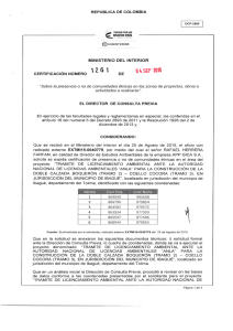 CERTIFICACIÓN 1261 DEL 4 DE SEPTIEMBRE DEL 2015 CON RADICADO EXTMI15-0040779 PARA EL PROYECTO: TRATAMITE DE LICENCIAMIENTO AMBIENTAL ANTE LA AUTORIDAD NACIONAL DE LICENCIAS AMBIENTALES ANLA PARA LA CONSTRUCCION DE LA DOBLE CALZADA BOQUERON TRAMO 2-COELLO COCORA TRAMO 3