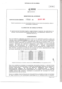 CERTIFICACIÓN 1350 DEL 24 DE SEPTIEMBRE DEL 2015 CON RADICADO EXTMI15-0045634 PARA EL PROYECTO: ESTUDIO DE IMPACTO AMBIENTAL PARA LA EXPLOTACIÓN  MINERA DE MATERIALES DE CONSTRUCCION  Y DEMAS CONCESIBLES (CONTRATO DE CONCESION # HI1-08016YUMBO-- VALLE DEL CAUCA