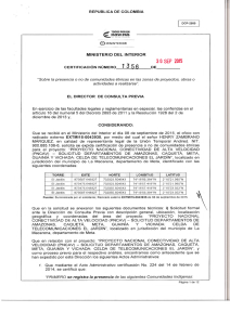 CERTIFICACIÓN 1356 DEL 30 DE SEPTIEMBRE DEL 2015 CON RADICADO EXTMI15-0043935 PARA EL PROYECTO: PROYECTO NACIONAL CONECTIVIDAD DE ALTA VELOCUDAD (PNCAV)-SOLICITUD DEPARTAMENTOS DE AMAZONAS CAQUETA, META, GUAINIA Y VICHADA CELDA DE TELECOMUNICACIONES EL  CEJAL